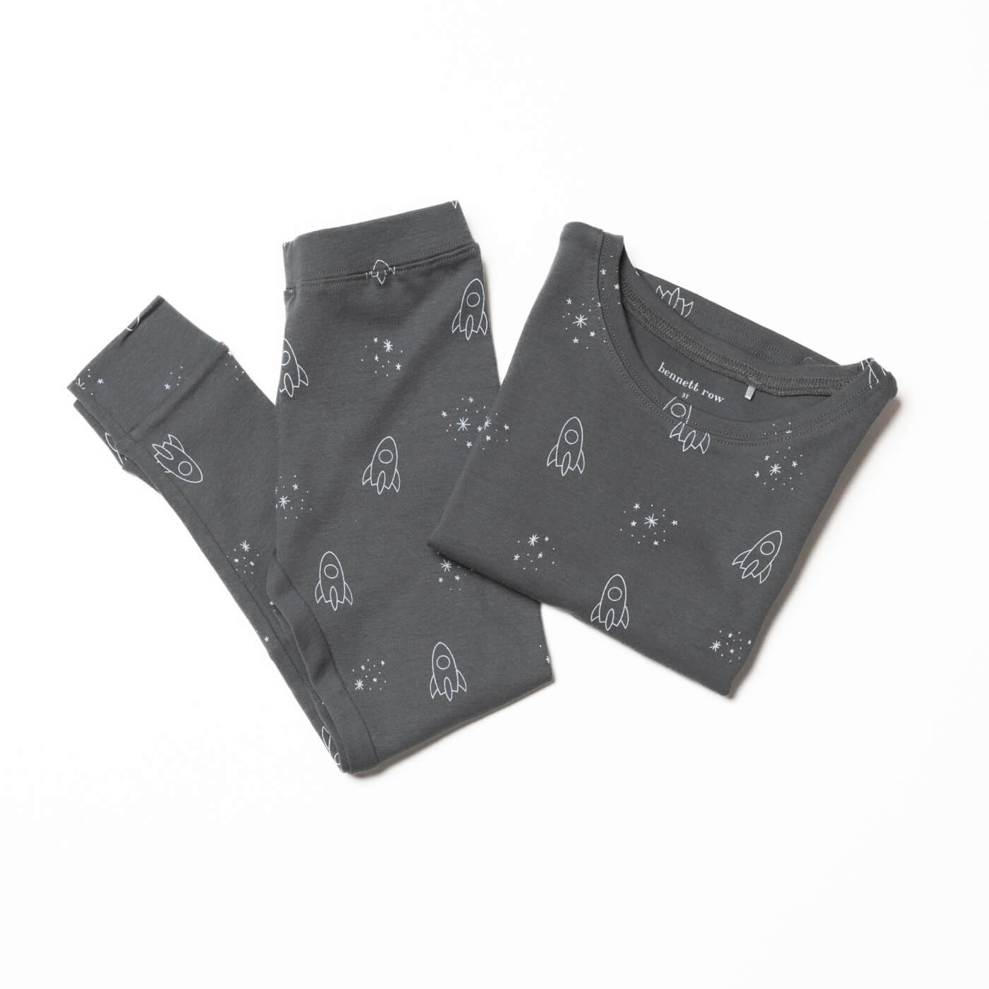 Stars and Rockets Charcoal Gray Two Piece Long Sleeve Pajamas Photo 2