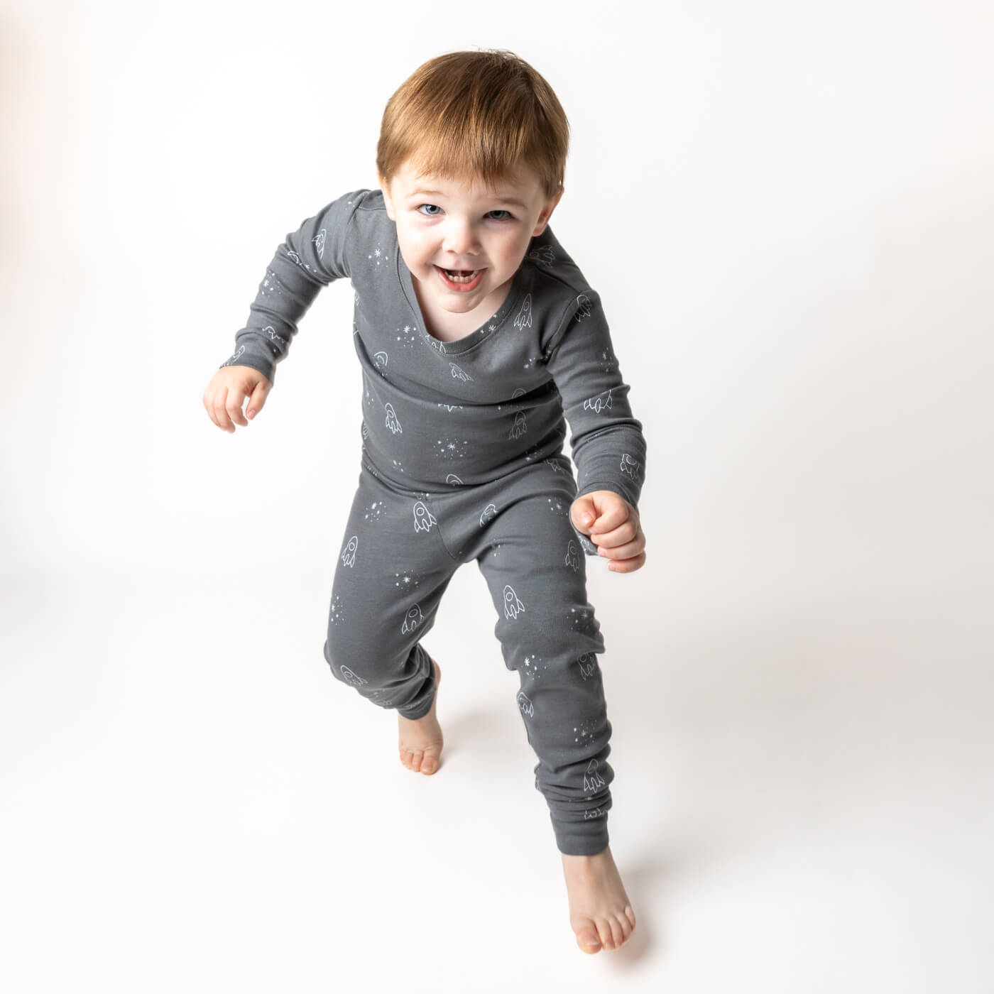 Stars and Rockets Charcoal Gray Two Piece Long Sleeve Pajamas Photo 4